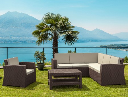 Диван пластиковый плетеный угловой с подушками Siesta Contract Monaco Lounge Corner коричневый фото